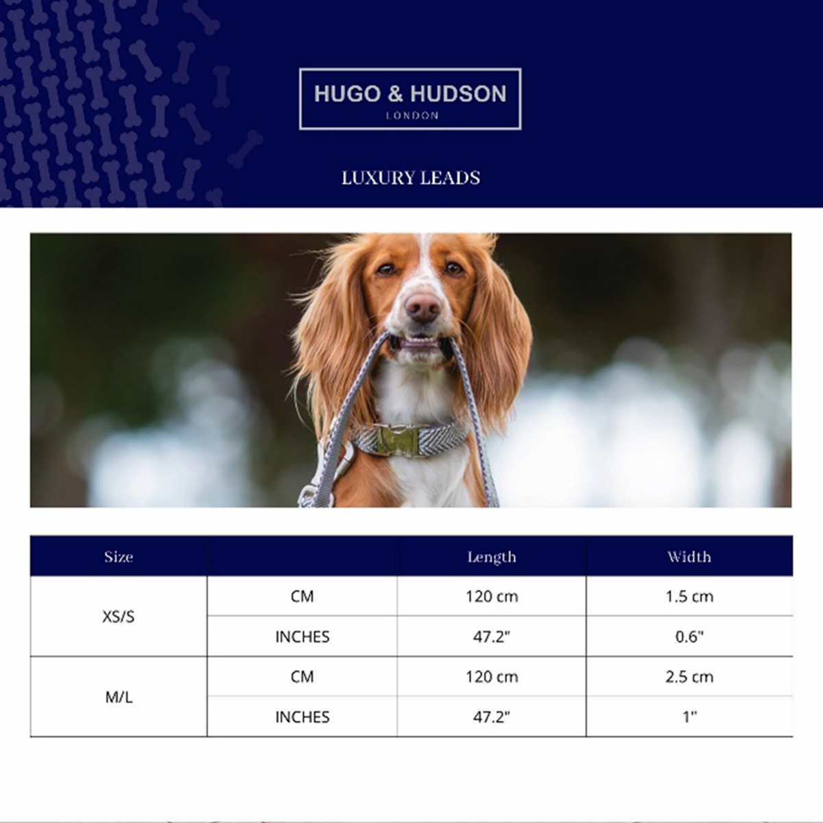 Hugo & Hudson Herringbone Tweed Dog Lead Size Guide