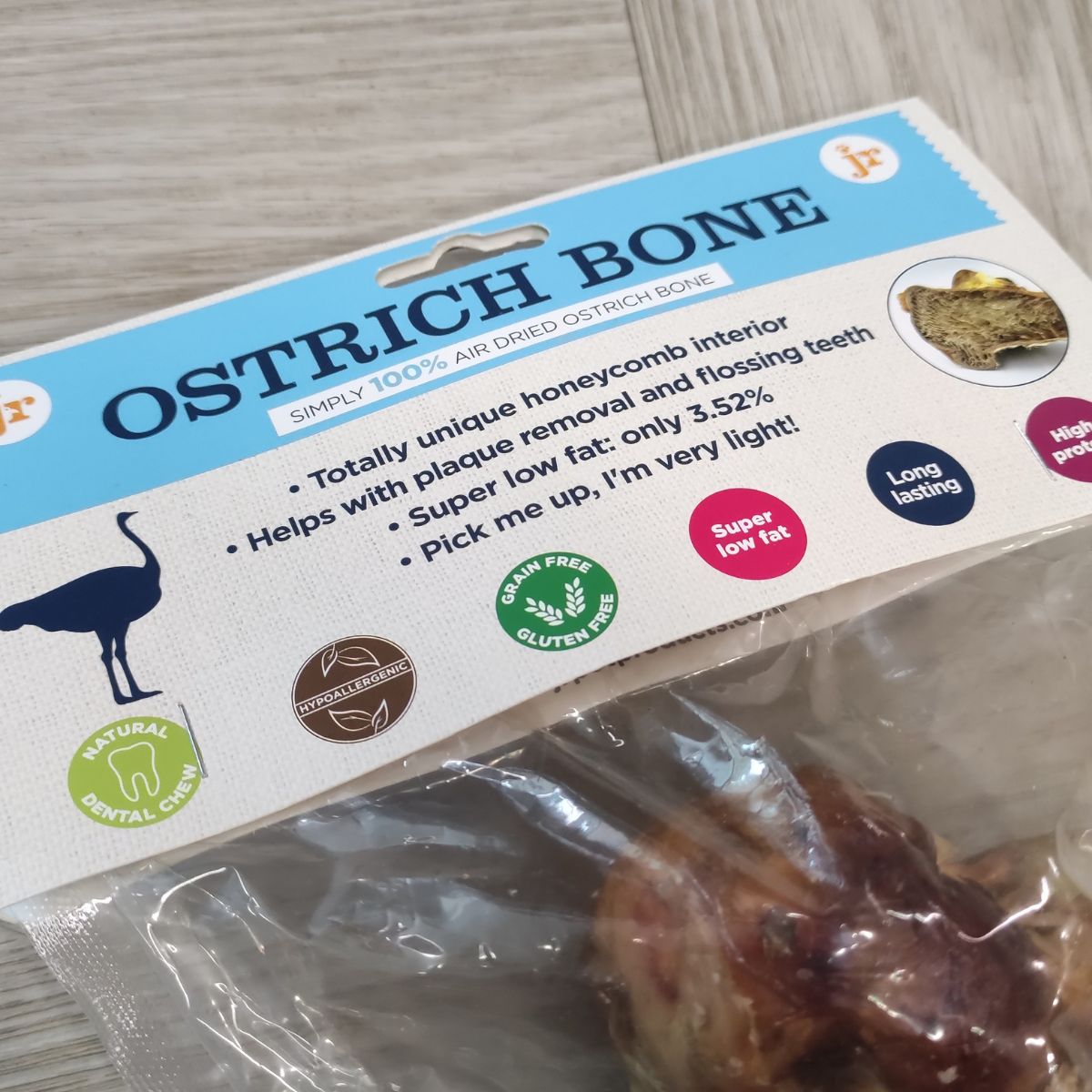 100% air dried ostrich bone label