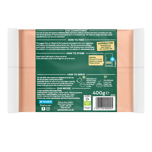 Natures Menu Frozen Chicken and Rabbit Mince Block 400g from Catdog Store